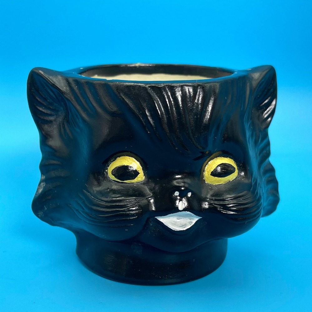 Vintage Black Cat Head Ceramic Mini Planter Pot Black Yellow Eyes Kitsch Decor